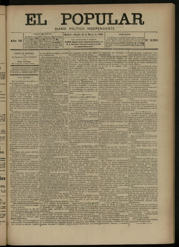 Miniatura de El Popular: diario independiente, político, literario y de noticias de interés general del 21 de marzo de 1885, nº 6283