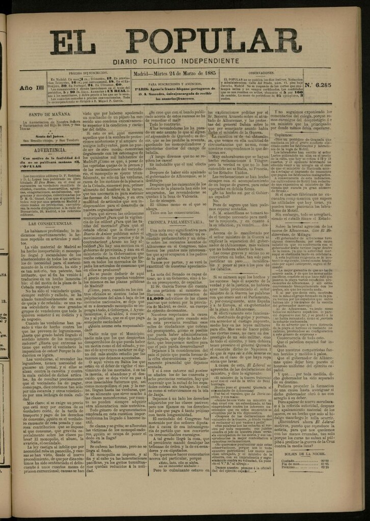 Miniatura de El Popular: diario independiente, político, literario y de noticias de interés general del 24 de marzo de 1885, nº 6285