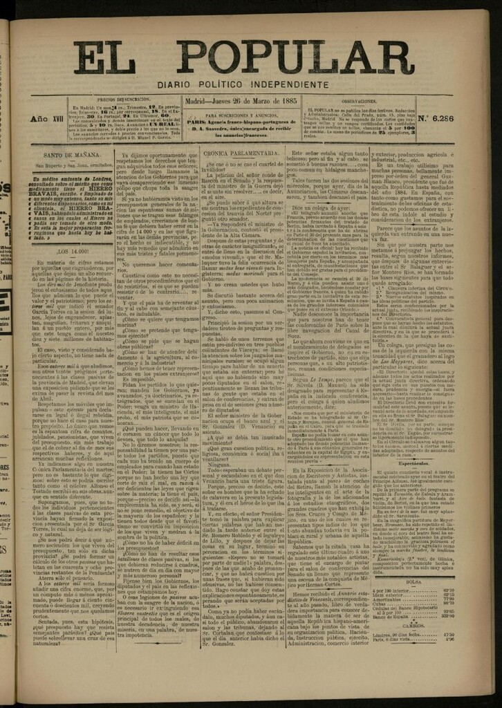 Miniatura de El Popular: diario independiente, político, literario y de noticias de interés general del 26 de marzo de 1885, nº 6286