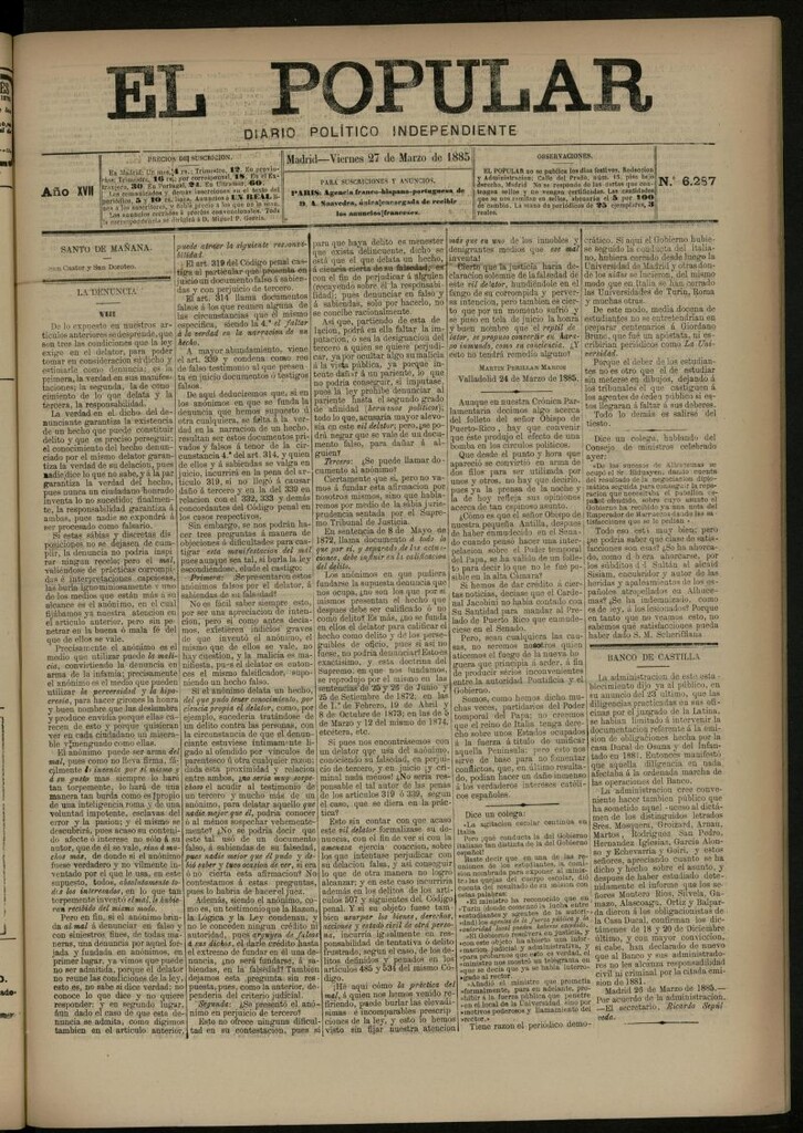 Miniatura de El Popular: diario independiente, político, literario y de noticias de interés general del 27 de marzo de 1885, nº 6287