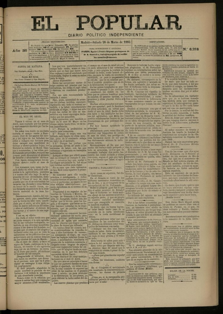 Miniatura de El Popular: diario independiente, político, literario y de noticias de interés general del 28 de marzo de 1885, nº 6288