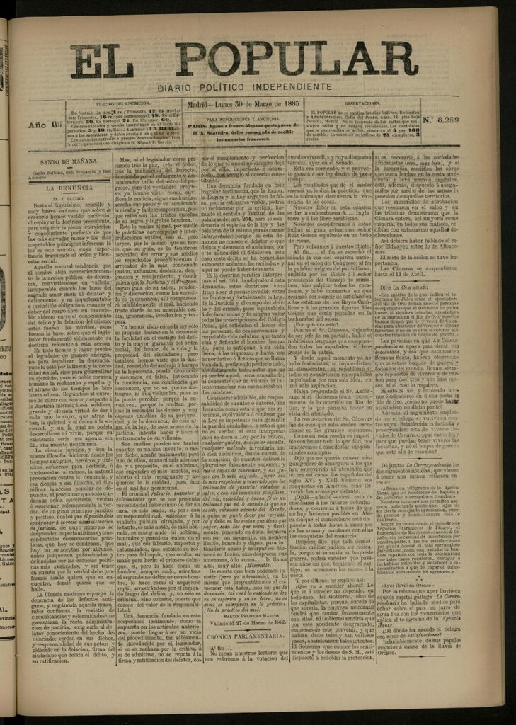 Miniatura de El Popular: diario independiente, político, literario y de noticias de interés general del 30 de marzo de 1885, nº 6289