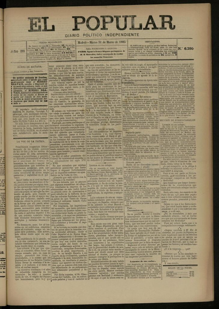 Miniatura de El Popular: diario independiente, político, literario y de noticias de interés general del 31 de marzo de 1885, nº 6290
