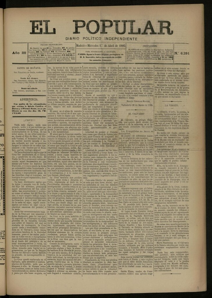 Miniatura de El Popular: diario independiente, político, literario y de noticias de interés general del 1 de abril de 1885, nº 6291