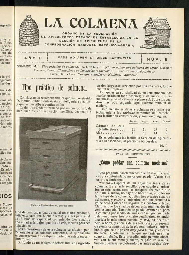 Miniatura de La Colmena : órgano de la Federación de Apicultores españoles establecida en la sección de apicultura de la Confederación Nacional Católico-Agraria. Nº 8