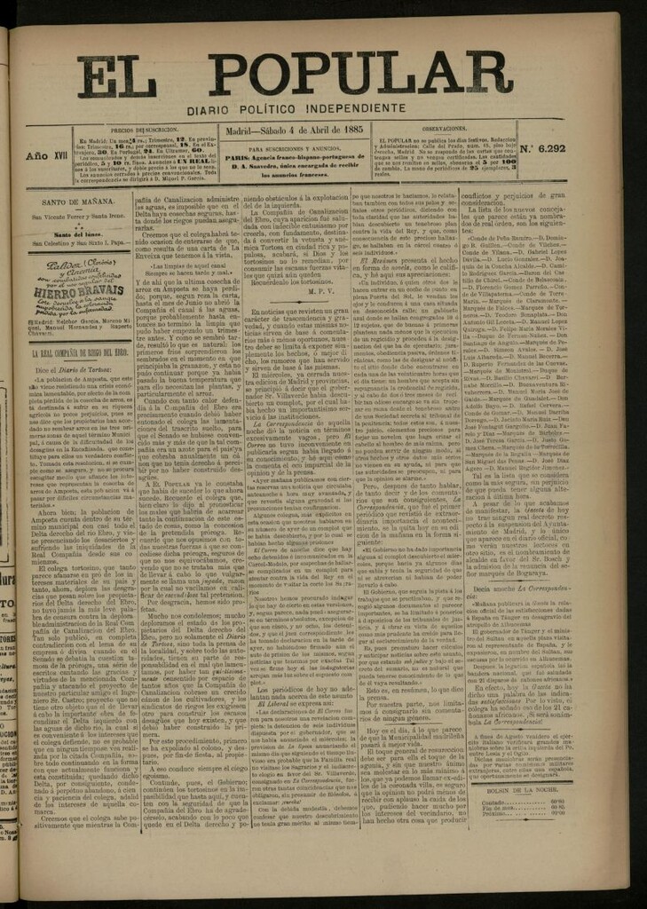 Miniatura de El Popular: diario independiente, político, literario y de noticias de interés general del 4 de abril de 1885, nº 6292