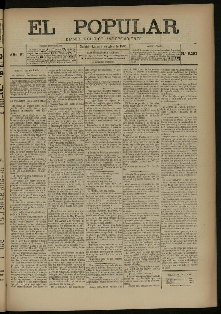 Miniatura de El Popular: diario independiente, político, literario y de noticias de interés general del 6 de abril de 1885, nº 6293