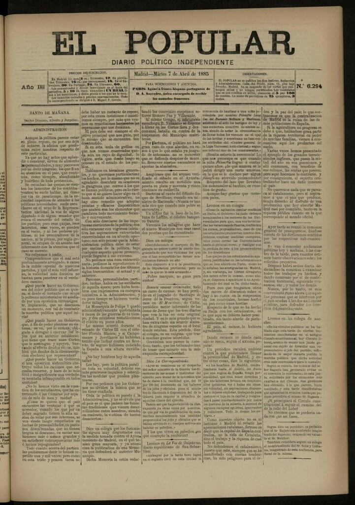 Miniatura de El Popular: diario independiente, político, literario y de noticias de interés general del 7 de abril de 1885, nº 6294