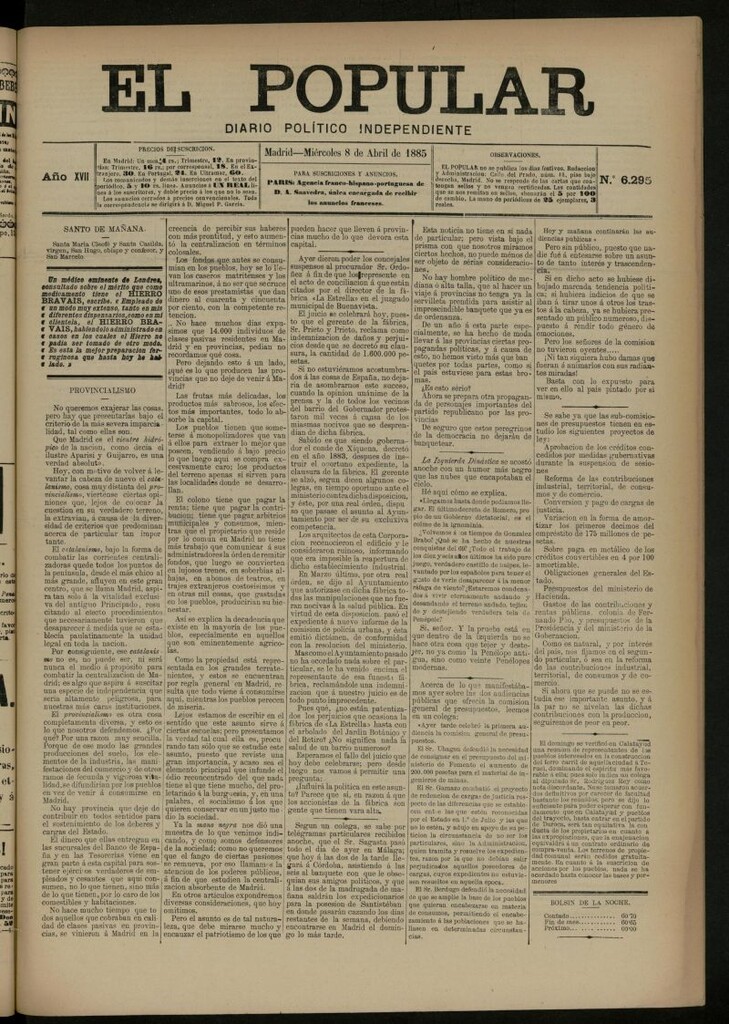 Miniatura de El Popular: diario independiente, político, literario y de noticias de interés general del 8 de abril de 1885, nº 6295