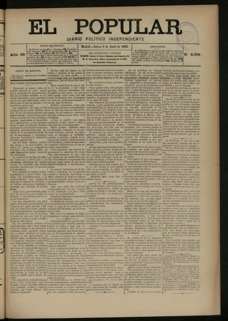 Miniatura de El Popular: diario independiente, político, literario y de noticias de interés general del 9 de abril de 1885, nº 6296