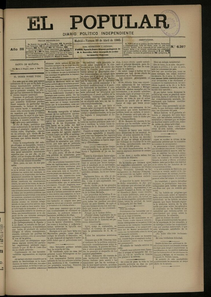 Miniatura de El Popular: diario independiente, político, literario y de noticias de interés general del 10 de abril de 1885, nº 6297