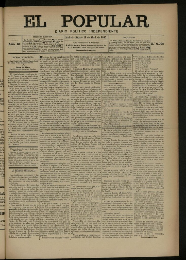 Miniatura de El Popular: diario independiente, político, literario y de noticias de interés general del 11 de abril de 1885, nº 6298
