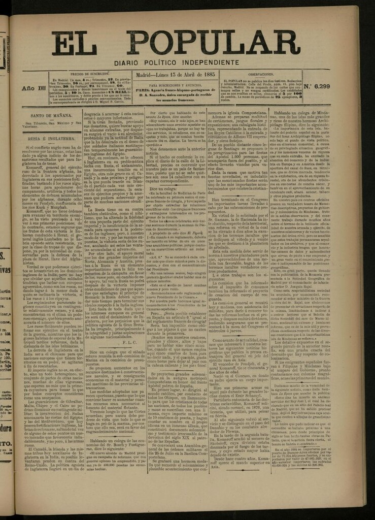 Miniatura de El Popular: diario independiente, político, literario y de noticias de interés general del 13 de abril de 1885, nº 6299