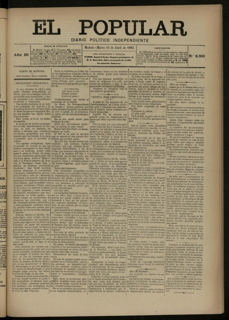 Miniatura de El Popular: diario independiente, político, literario y de noticias de interés general del 14 de abril de 1885, nº 6300