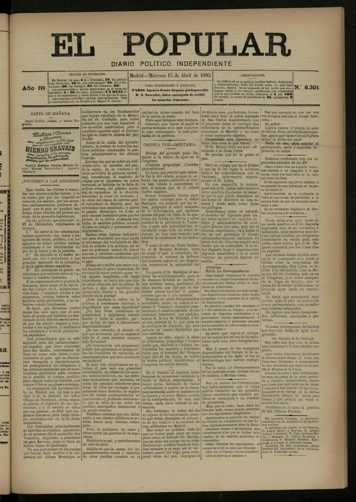 Miniatura de El Popular: diario independiente, político, literario y de noticias de interés general del 15 de abril de 1885, nº 6301