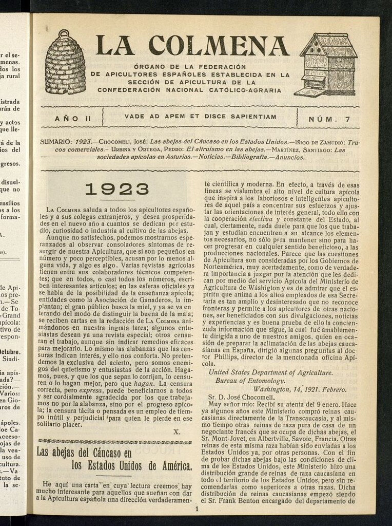Miniatura de La Colmena : órgano de la Federación de Apicultores españoles establecida en la sección de apicultura de la Confederación Nacional Católico-Agraria. Nº 7