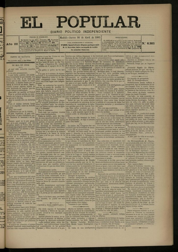 Miniatura de El Popular: diario independiente, político, literario y de noticias de interés general del 16 de abril de 1885, nº 6302