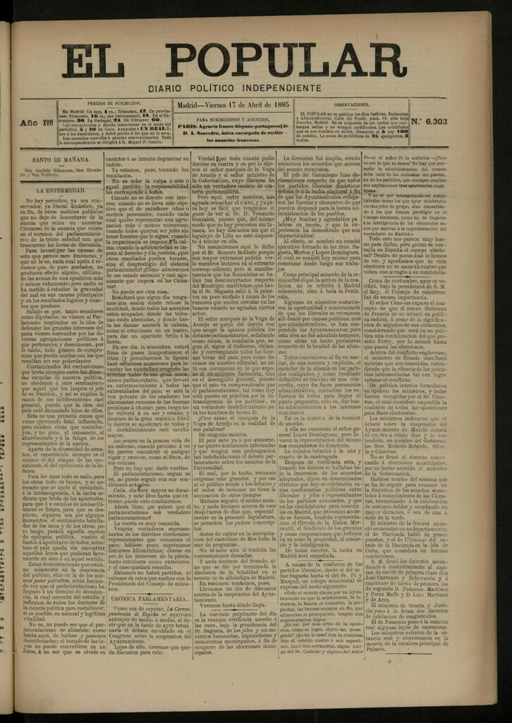 Miniatura de El Popular: diario independiente, político, literario y de noticias de interés general del 17 de abril de 1885, nº 6303