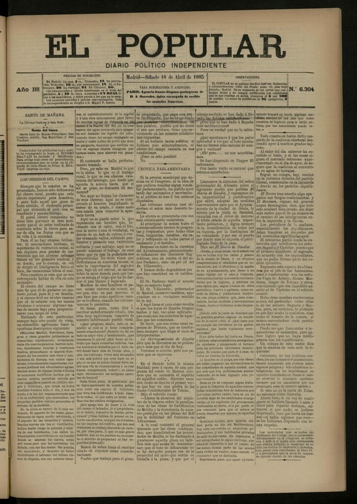 Miniatura de El Popular: diario independiente, político, literario y de noticias de interés general del 18 de abril de 1885, nº 6304