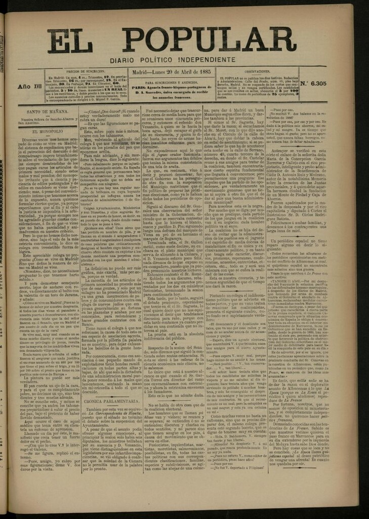 Miniatura de El Popular: diario independiente, político, literario y de noticias de interés general del 20 de abril de 1885, nº 6305