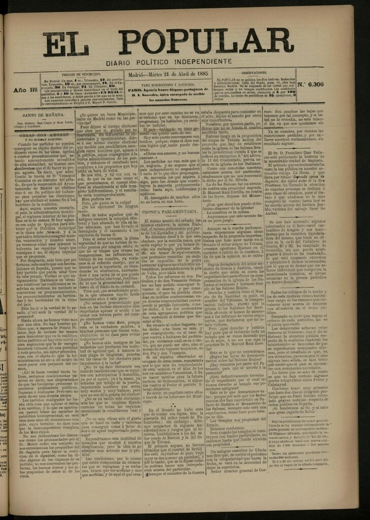 Miniatura de El Popular: diario independiente, político, literario y de noticias de interés general del 21 de abril de 1885, nº 6306