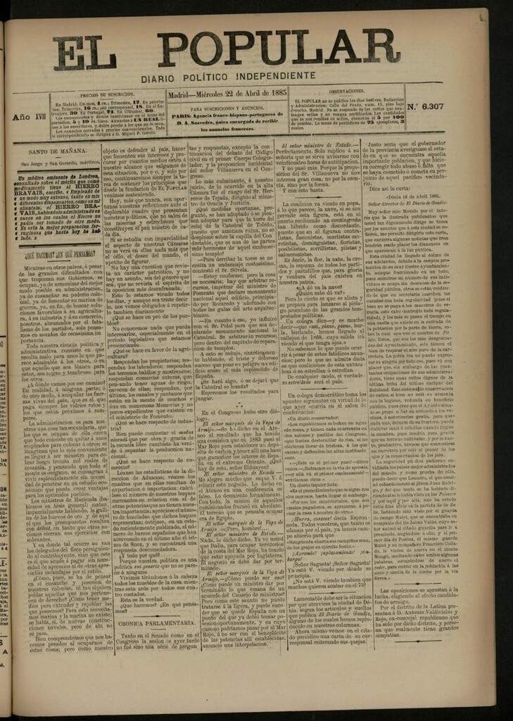 Miniatura de El Popular: diario independiente, político, literario y de noticias de interés general del 22 de abril de 1885, nº 6307