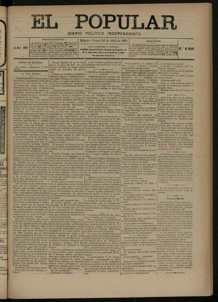 Miniatura de El Popular: diario independiente, político, literario y de noticias de interés general del 24 de abril de 1885, nº 6309