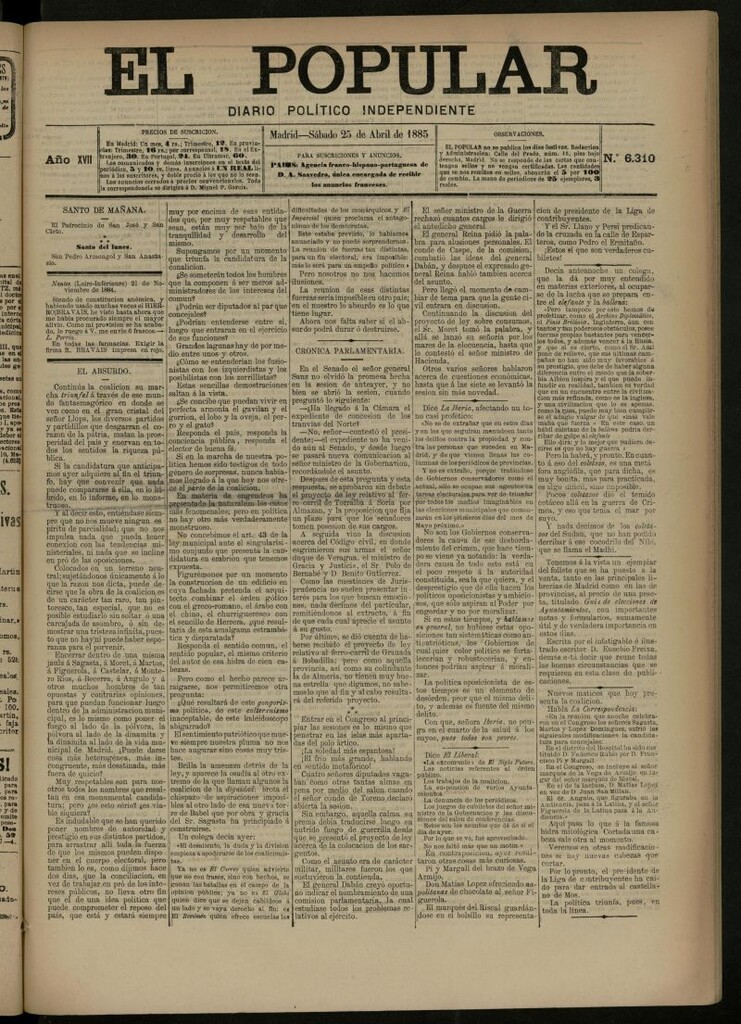 Miniatura de El Popular: diario independiente, político, literario y de noticias de interés general del 25 de abril de 1885, nº 6310