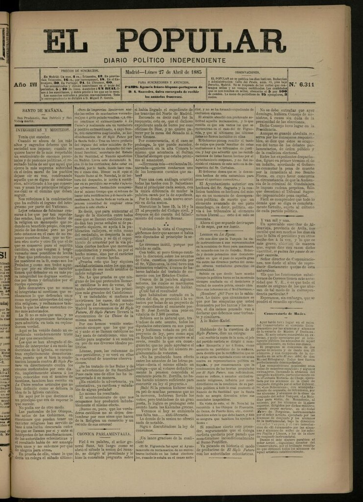 Miniatura de El Popular: diario independiente, político, literario y de noticias de interés general del 27 de abril de 1885, nº 6311