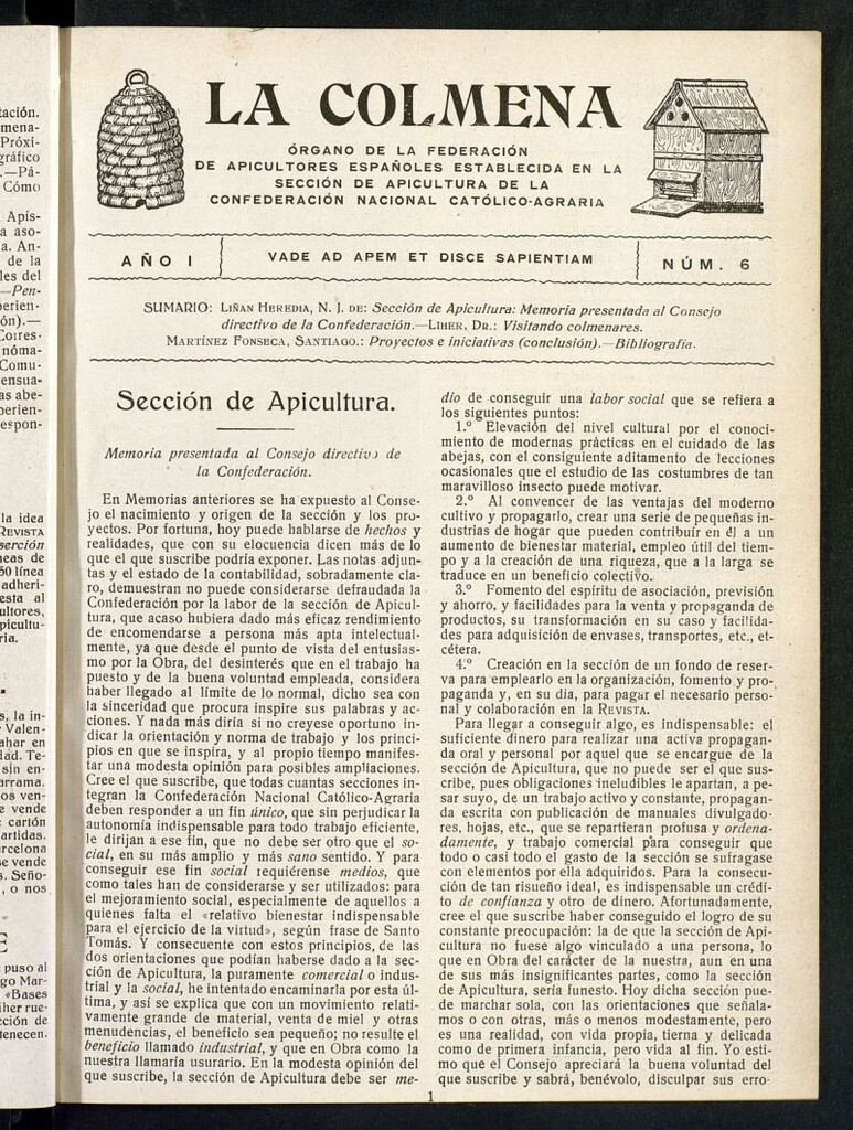 Miniatura de La Colmena : órgano de la Federación de Apicultores españoles establecida en la sección de apicultura de la Confederación Nacional Católico-Agraria. Nº 6