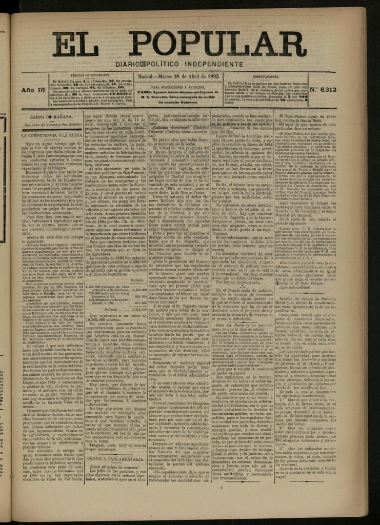 Miniatura de El Popular: diario independiente, político, literario y de noticias de interés general del 28 de abril de 1885, nº 6312