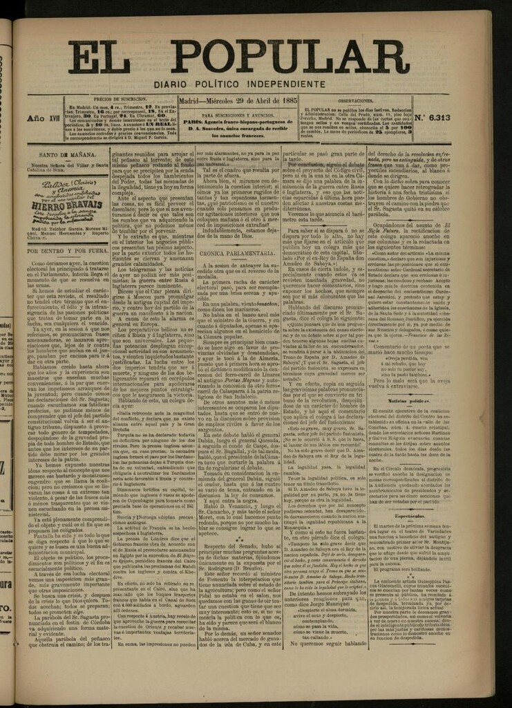 Miniatura de El Popular: diario independiente, político, literario y de noticias de interés general del 29 de abril de 1885, nº 6313