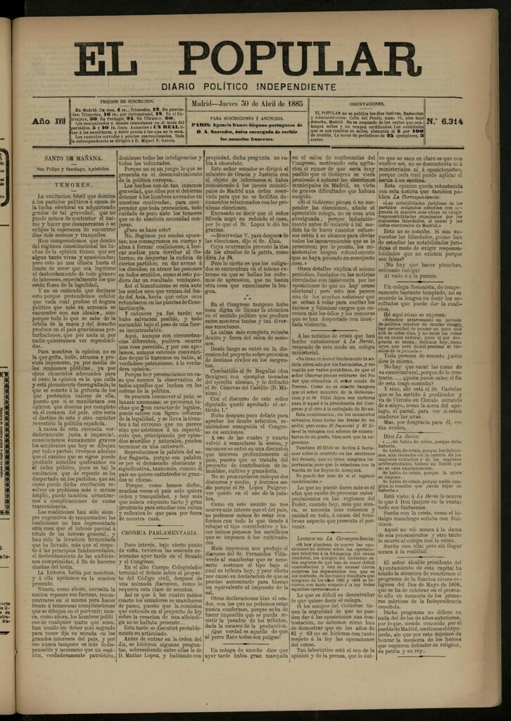 Miniatura de El Popular: diario independiente, político, literario y de noticias de interés general del 30 de abril de 1885, nº 6314
