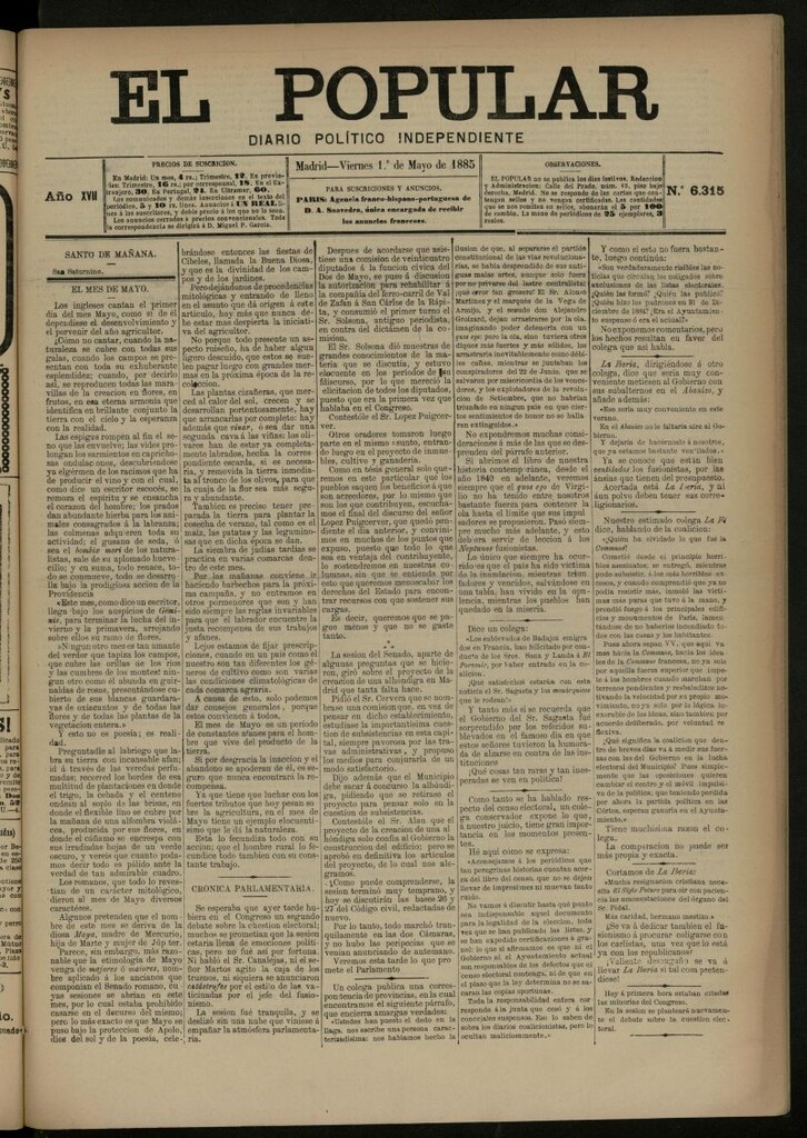Miniatura de El Popular: diario independiente, político, literario y de noticias de interés general del 1 de mayo de 1885, nº 6315