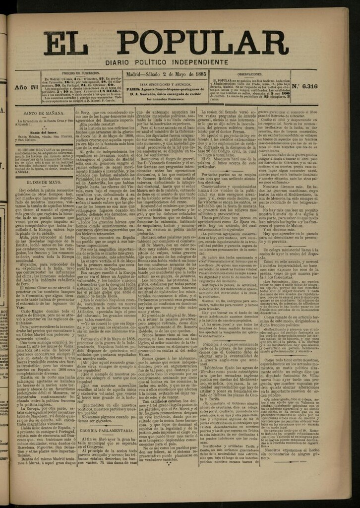 Miniatura de El Popular: diario independiente, político, literario y de noticias de interés general del 2 de mayo de 1885, nº 6316