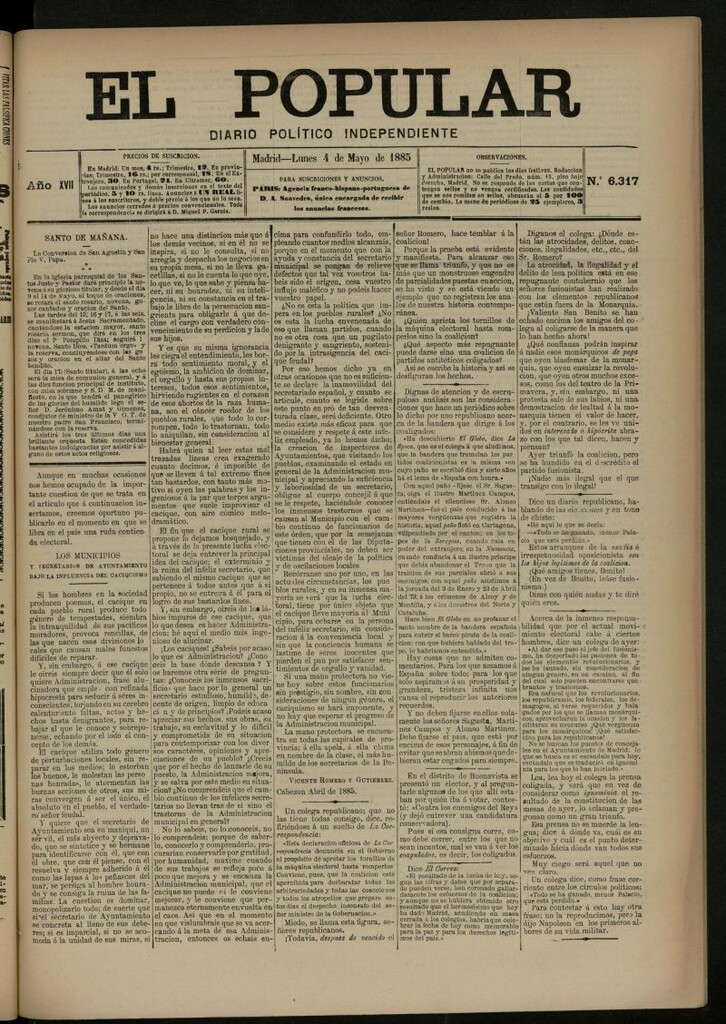Miniatura de El Popular: diario independiente, político, literario y de noticias de interés general del 4 de mayo de 1885, nº 6317