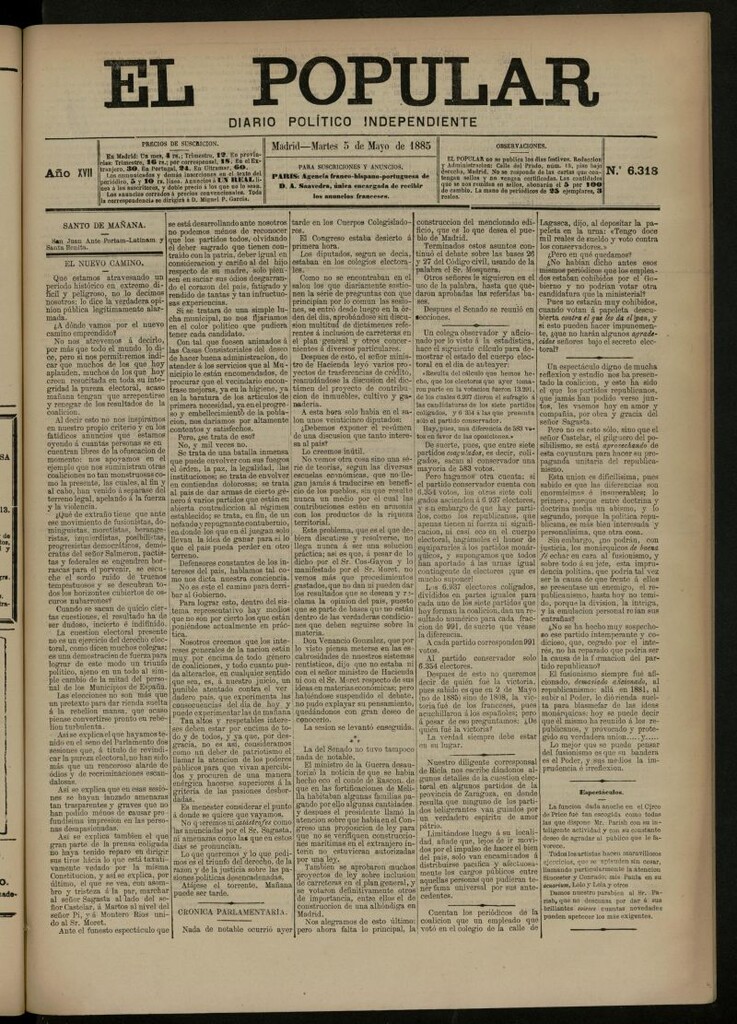 Miniatura de El Popular: diario independiente, político, literario y de noticias de interés general del 5 de mayo de 1885, nº 6318