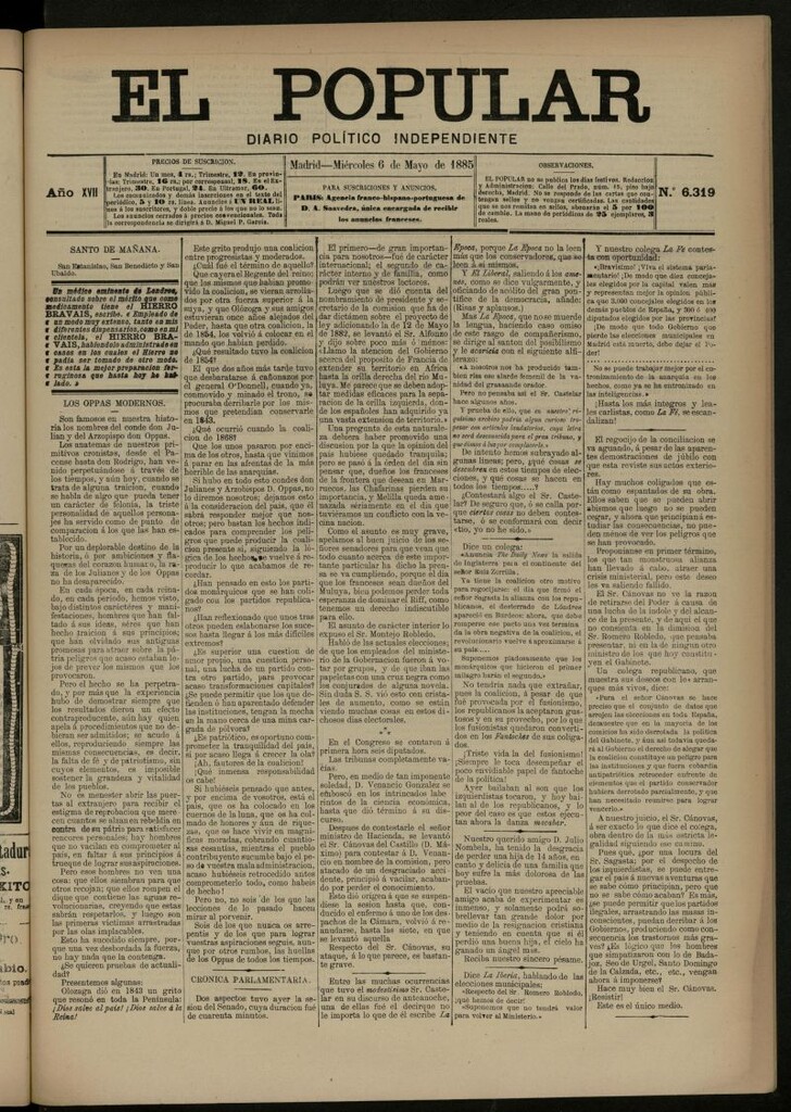 Miniatura de El Popular: diario independiente, político, literario y de noticias de interés general del 6 de mayo de 1885, nº 6319