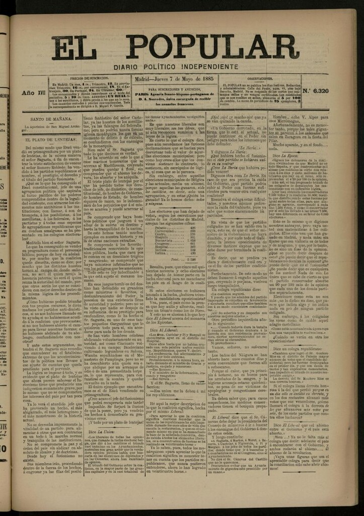 Miniatura de El Popular: diario independiente, político, literario y de noticias de interés general del 7 de mayo de 1885, nº 6320