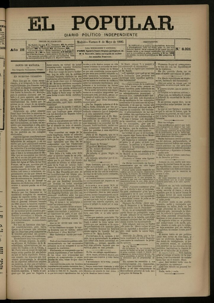 Miniatura de El Popular: diario independiente, político, literario y de noticias de interés general del 8 de mayo de 1885, nº 6321