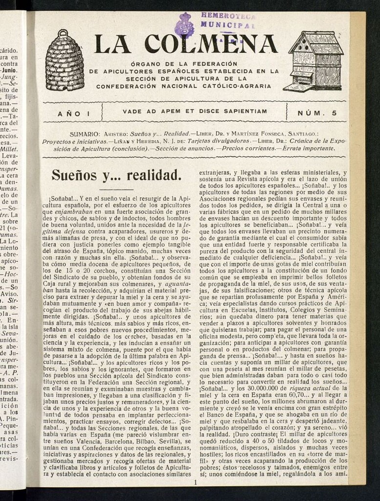 Miniatura de La Colmena : órgano de la Federación de Apicultores españoles establecida en la sección de apicultura de la Confederación Nacional Católico-Agraria. Nº 5