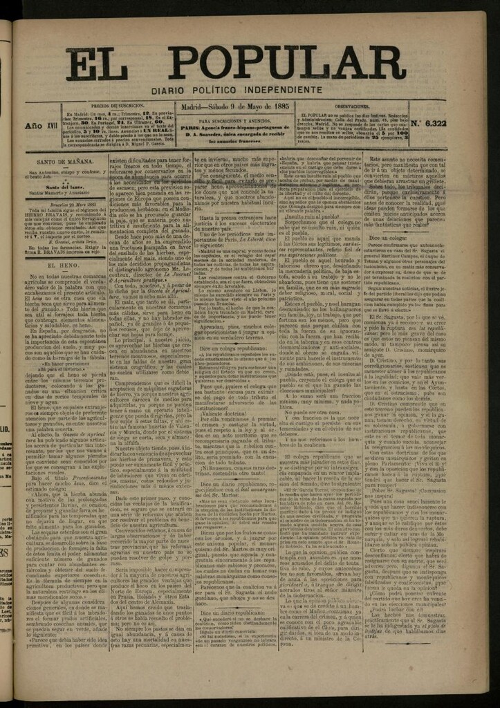 Miniatura de El Popular: diario independiente, político, literario y de noticias de interés general del 9 de mayo de 1885, nº 6322
