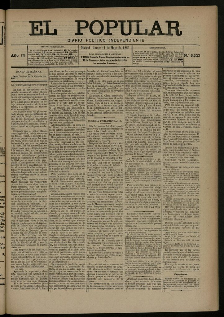 Miniatura de El Popular: diario independiente, político, literario y de noticias de interés general del 11 de mayo de 1885, nº 6323