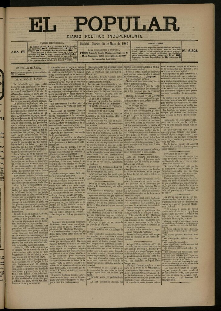 Miniatura de El Popular: diario independiente, político, literario y de noticias de interés general del 12 de mayo de 1885, nº 6324