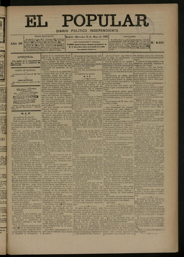 Miniatura de El Popular: diario independiente, político, literario y de noticias de interés general del 13 de mayo de 1885, nº 6325
