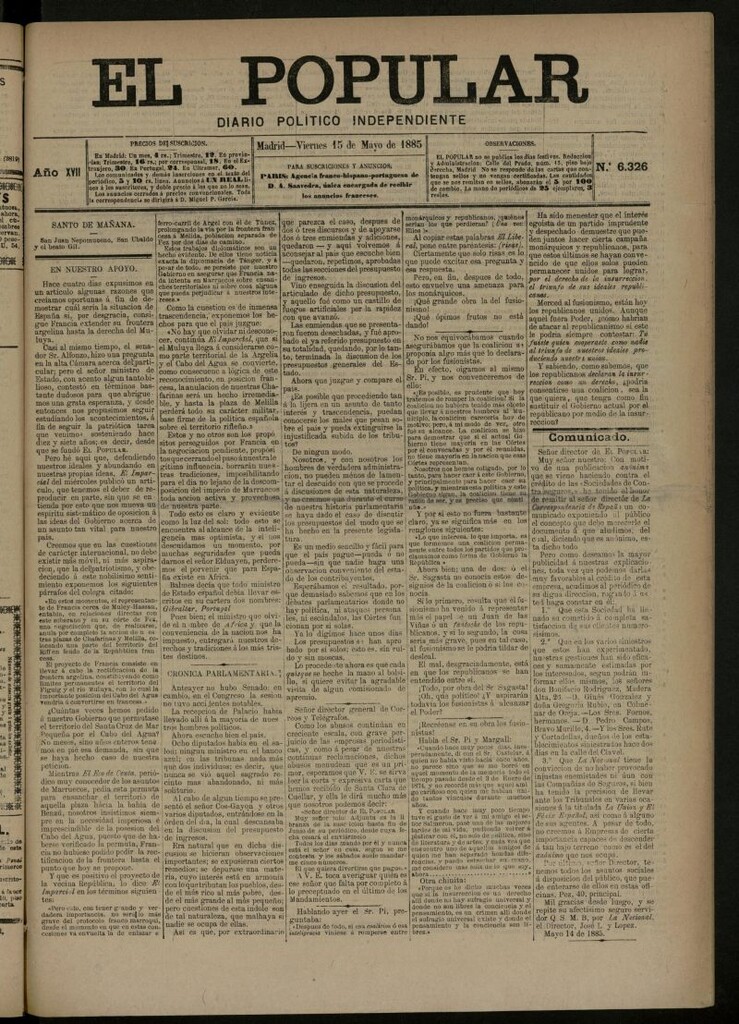 Miniatura de El Popular: diario independiente, político, literario y de noticias de interés general del 15 de mayo de 1885, nº 6326