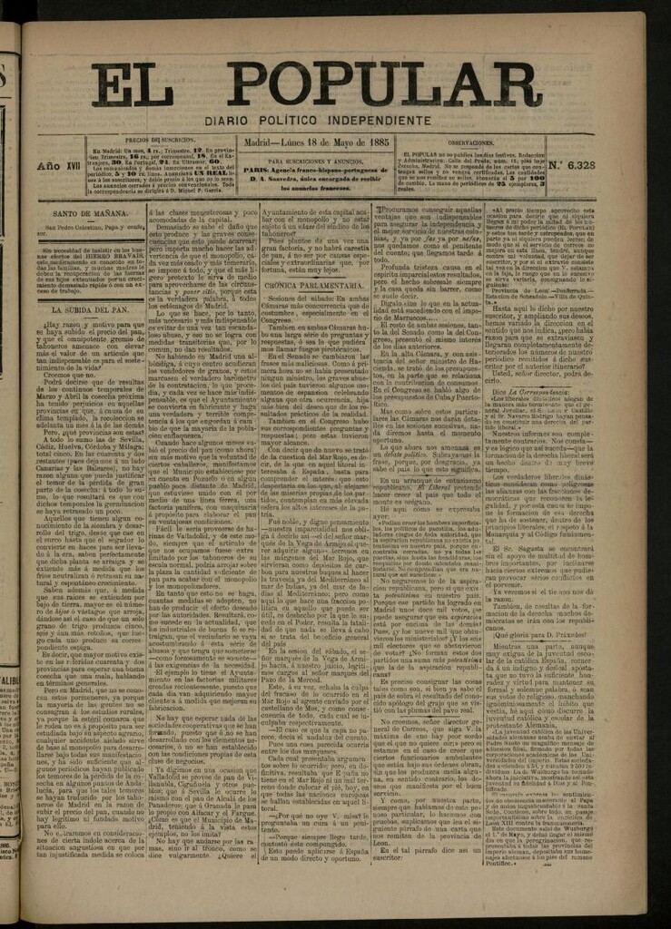 Miniatura de El Popular: diario independiente, político, literario y de noticias de interés general del 18 de mayo de 1885, nº 6328