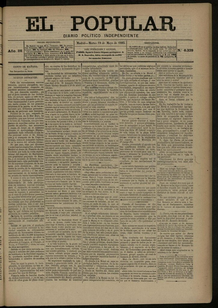 Miniatura de El Popular: diario independiente, político, literario y de noticias de interés general del 19 de mayo de 1885, nº 6329