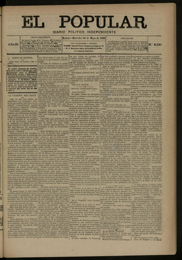 Miniatura de El Popular: diario independiente, político, literario y de noticias de interés general del 20 de mayo de 1885, nº 6330