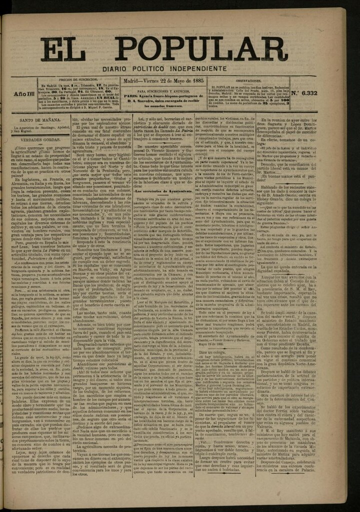 Miniatura de El Popular: diario independiente, político, literario y de noticias de interés general del 22 de mayo de 1885, nº 6332